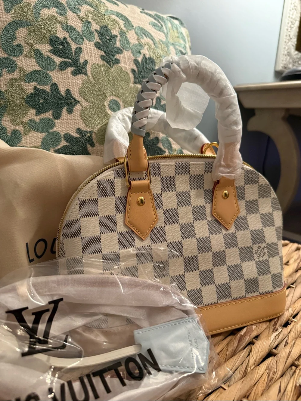L V  White Checkered Top-Handle Bag with Braided Handle